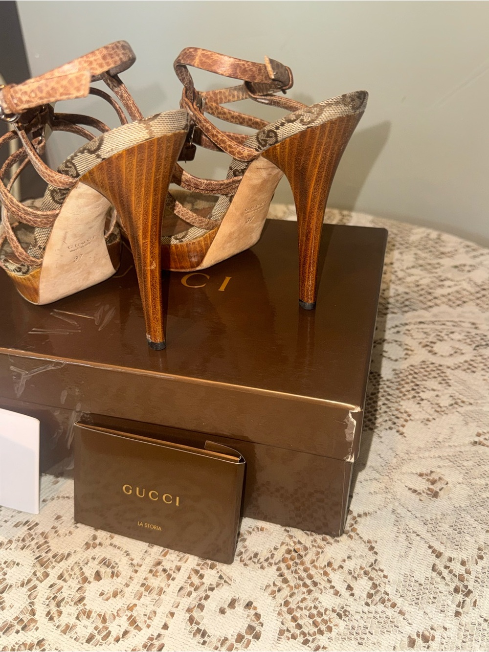 Gucci Brown Leather & GG Canvas Wedge Sandals with Bamboo Accent - Picture 6 of 11